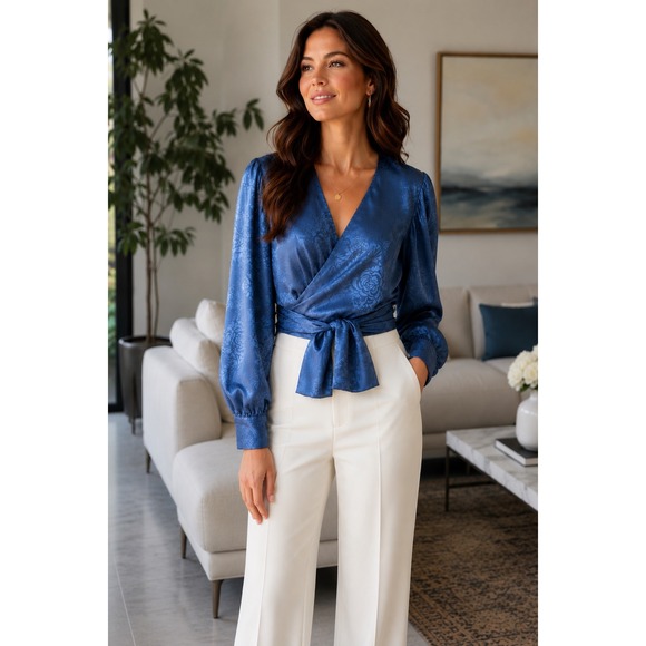 Lulus Tops - Lulus Wrap Top Blue Floral Jacquard Satin Tie Front Blouse Small NWT